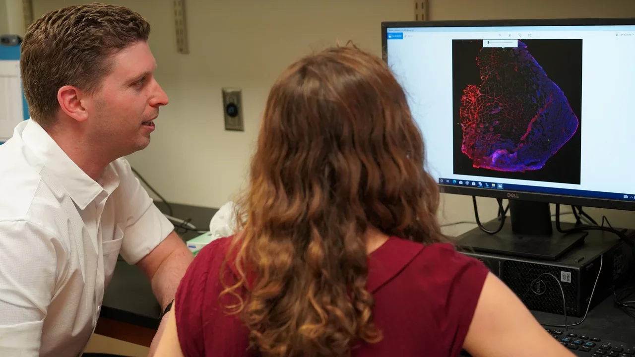 Photo of Two Lab Members Working on Computer